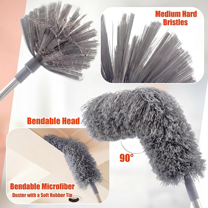 30 Feet High Reach Duster Kit with 2-24 ft Extension Pole High Ceiling Dusting and Window Cleaning Kit with Window Washer & Squeegee, Cobweb Duster, Washable Head for Ceiling Fan(Gray)