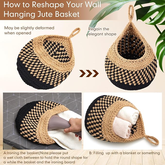 3 Hanging Baskets,Linen with Black,Teardrop,Cotton Rope | Wicker Wall Baskets with Hooks for Fruit Vegetable Onion Storage, Teardrop Organizer for Kitchen, Boho Farmhouse Decor