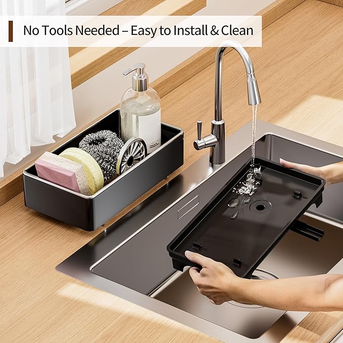 MOUKABAL Sponge Holder for Kitchen Sink, Rustproof Stainless Steel Black | Large Capacity/360° Rotating Drain Keeps Counter Dry/Holds Sponges & Soap Bottle/Easy-Clean Removable Tray