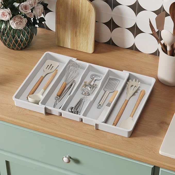Lifewit Utensil Organizer for Kitchen Drawers, Expandable Utensil Tray | Adjustable Cooking Cutlery Silverware Flatware Holder, Plastic Spatula Tools Storage Divider, 13-22 x 15", White