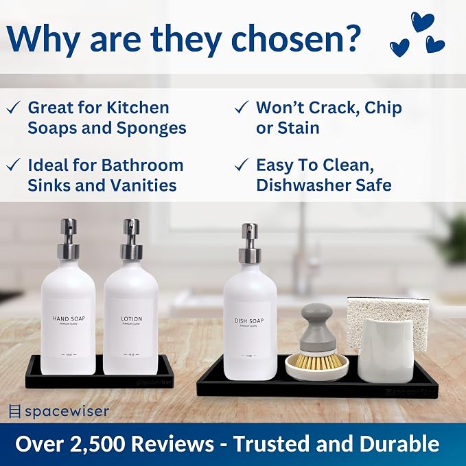 Spacewiser Countertop & Vanity Silicone Tray – 2 PC (11.7" & 7.7") Set | Bathroom Tray & Kitchen Soap Tray Set, Bathroom Counter Tray, Kitchen Sink Dish Soap Tray for Countertop Organization