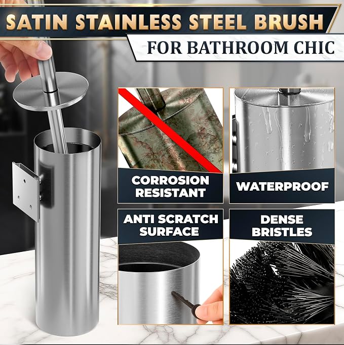 Wall-Mounted Toilet Brush and Holder Set, Stainless Steel (Silver) | Stainless Steel Toilet Brush and Holder Set, Removable Inner Bowl, Dense Bristles, Rustproof, for Modern Bathroom Walls