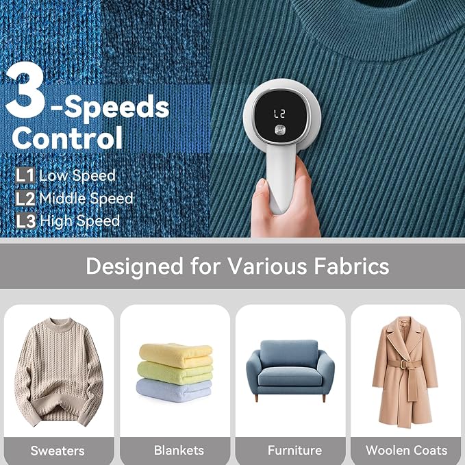 Rechargeable Fabric Shaver, 6-Leaf Blades, LED Display, 3 Speeds | Portable Lint Remover Easy to Remove Pilling, Fuzz & Lint Balls from Clothes, Sweater, Couch, Blanket, Furniture, Coat, White