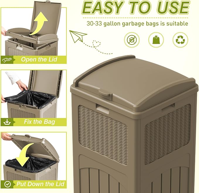 Greesum 33 Gallon Resin Outdoor Trash Can with Lid, Waterproof, Brown | Resin Garbage Bin,UV-resistant for Hideaway, Patio, Deck, Light