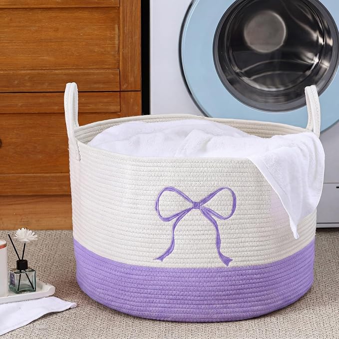 Honeydak Large Laundry Basket Purple Bow Hamper 13 x 20 Inches Laundry Basket Cotton Rope Purple Hamper Coquette Bow Room Decor Storage Blanket Toys Clothes Organization for Teens Girls