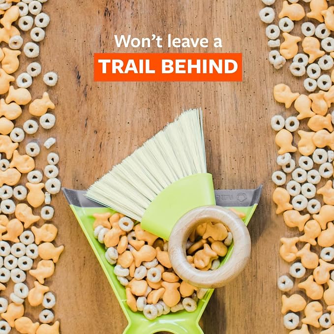 Full Circle Tiny Team Mini Brush & Dustpan Set - Green | Compact and perfect for quick countertop cleanups in the kitchen, on desks, or anywhere crumbs collect.