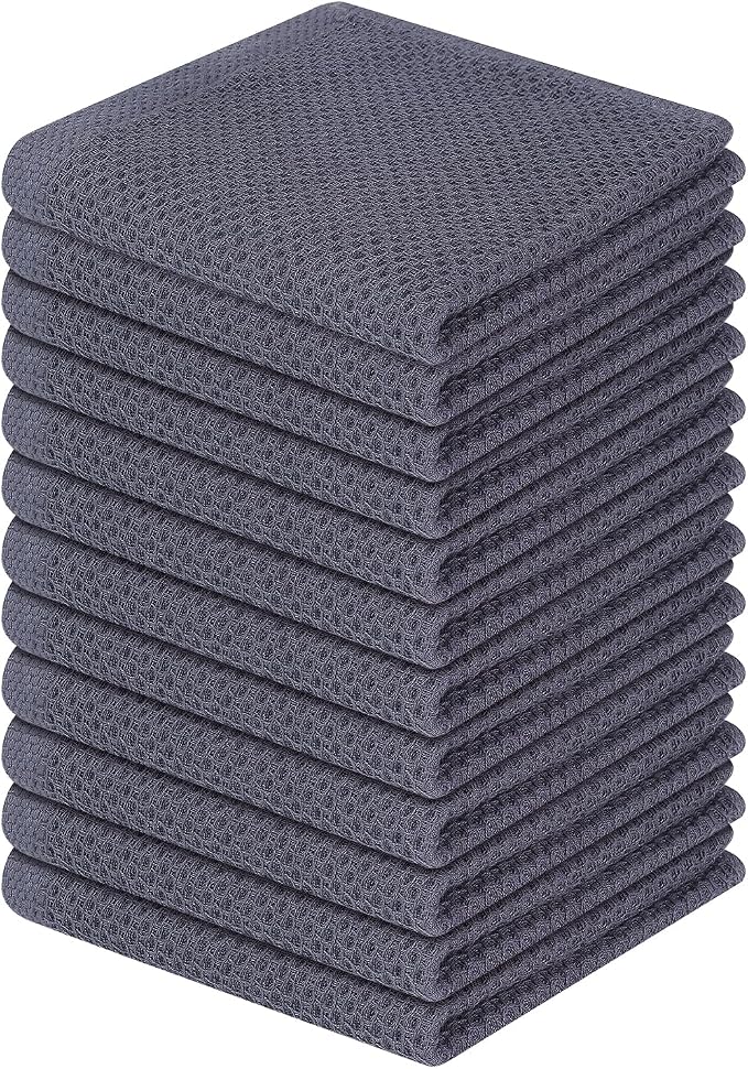 Homaxy 100% Cotton Waffle Weave Kitchen Dish Cloths 12-Pack, Dark Grey | 12 x 12 Inches, Ultra Soft Absorbent Dish Towels, Quick Drying Dish Rags with Hanging Loop
