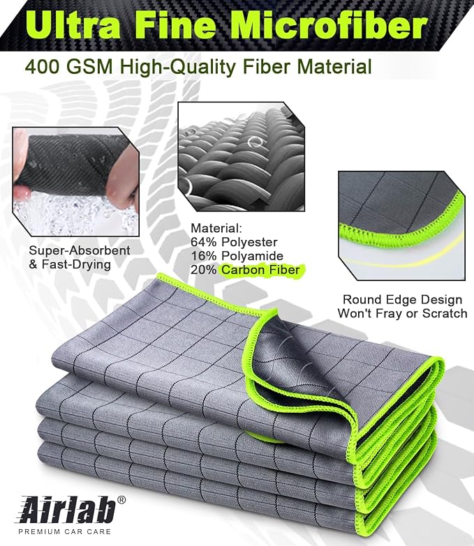 Airlab Microfiber Towels Cars Wash Drying Cleaning Cloth, Light Grey-Green | Carbon Fiber Detailing Glass Window Polishing Lint Free, Streak Free, 20" x 16", Pack of 4