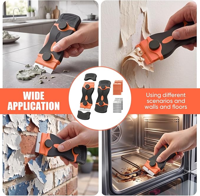 2 Pack Double-Ended Razor Blade Scraper, 30 Blades (Orange) | Multi-Purpose Tool for Glass, Cooktop, Sticker Removal, Paint & Gum Cleaning