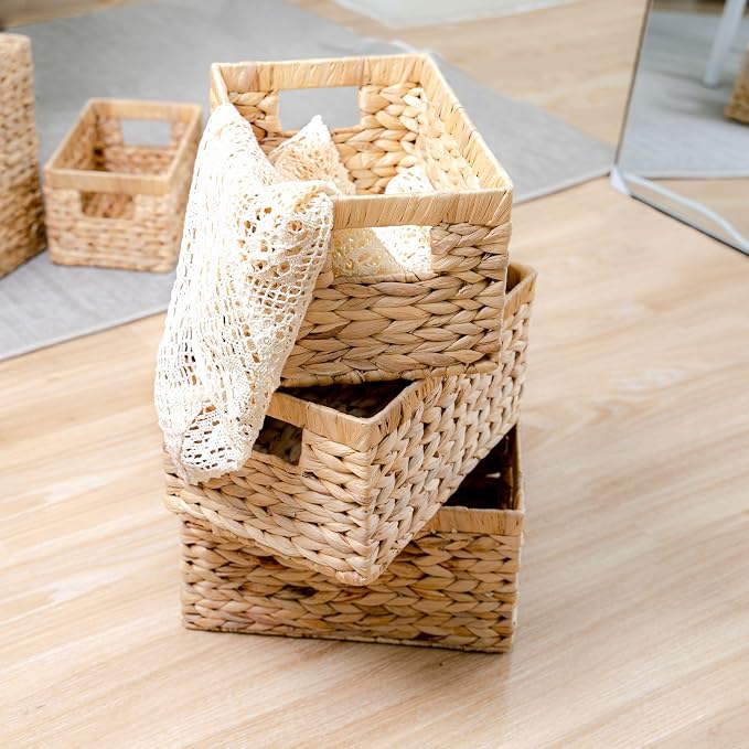 M4DECOR Water Hyacinth Storage Baskets, Wicker Storage Basket with Handles, Woven Baskets for Storage, Pantry Storage Baskets for Kitchen Organizers and Storage Pantry (2 Packs Medium)