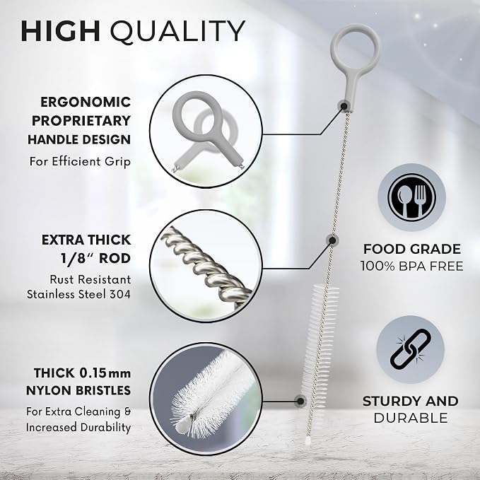 Buenalife Heavy Duty Cleaning Brushes Set of 8 - Extra Long Straw Cleaners for Metal and Plastic Reusable Drinking Straws, to Clean Small Spaces, Sippy Cups, Water Bottles - Sturdy Hard Brush Bristles