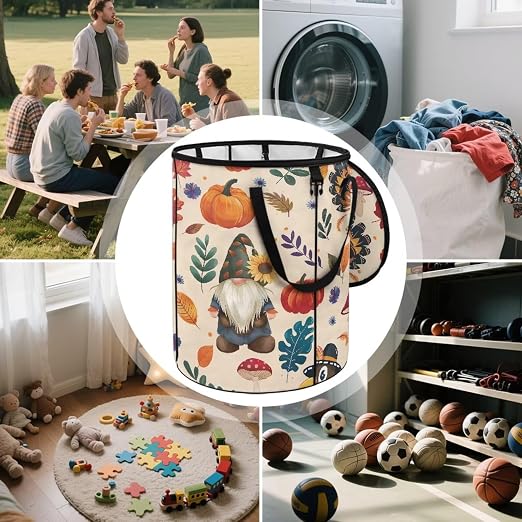 doginthehole Fall Leaves Pumpkin Turkey Outdoor Trash Can Storage Collapsible Pop-up Recycle Trash Can 22.83x17.71 Waterproof Garbage Bin Bag with Lid, Thanksgiving Day Party Supplies Fall Decor