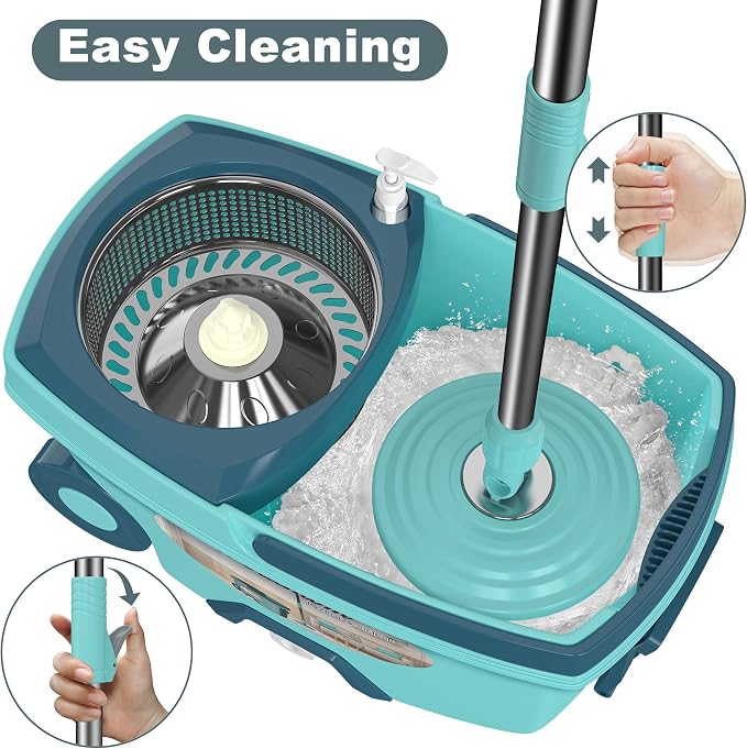 Traditional Large Spin Mop and Bucket, 2 Gal Capacity, Green | 2 Rolling Wheels, Pull Handle, 61-Inch Handle, 6 Mop Heads, Easy Wringing, For Family Homes, Hardwood, Laminate & Tile Floors