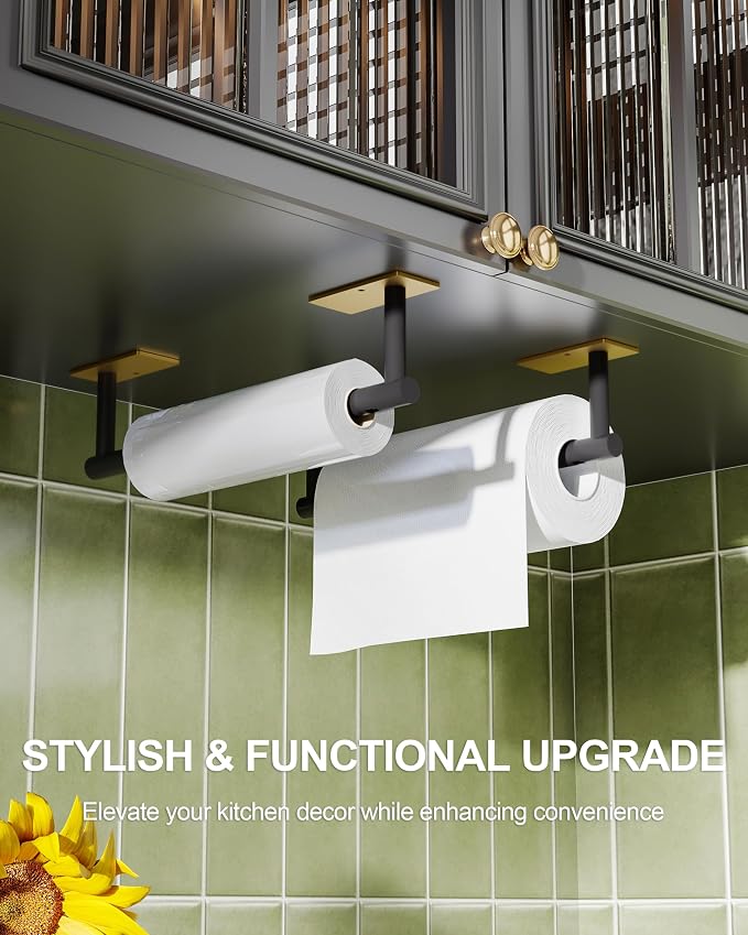 Paper Towel Holder Under Cabinet Self Adhesive Black & Gold | 304 Stainless Steel Post Pivoting Design Wall Mounted & No Drilling for Kitchen Waterproof & Rustproof, Square Base