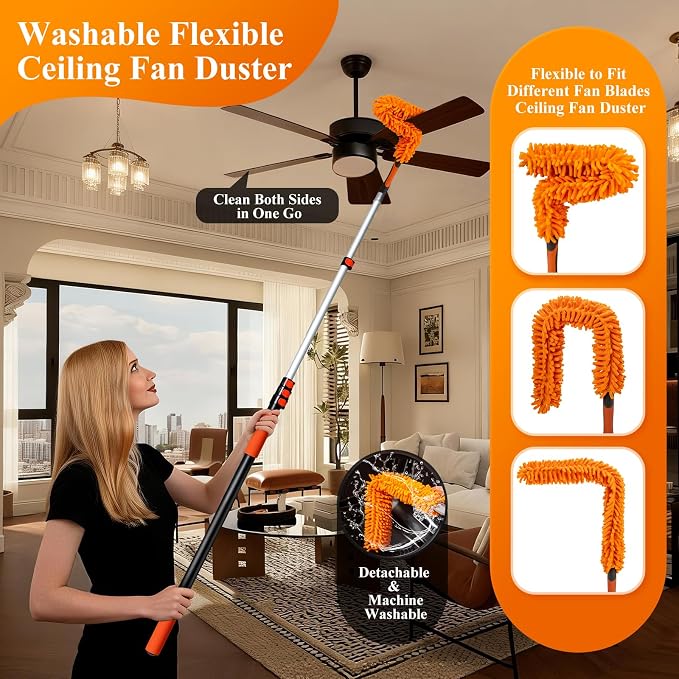20ft Extendable Duster Kit for High Ceilings with Extension Pole | Tall Cobweb Duster, Microfiber Ceiling Fan Duster, 2-in-1 Window Squeegee, Wall Mop for Home Ceiling Wall High Reach Cleaning