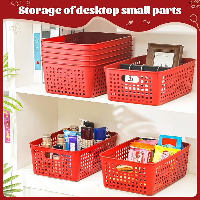 Lineshading 12 Pack Plastic Storage Baskets for Organizing, Red | 13 x 10'' Large Plastic Storage Baskets Bins with Grip Handles, Stackable Mesh for Cabinets, Desktops, Shelves, Home & Office