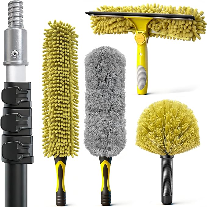 5-in-1 4-12Ft 4-Stage Telescoping Extension Pole Kit for Cleaning | Feather Dusters with Bristles for Outdoor Indoor, 4-Stage Spider Web Remover with Telescopic Pole for Ceiling Wall Yellow
