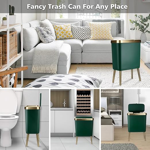 Office Trash Can with Lid, Bathroom Garbage can,4 Gallon Small Kitchen Trash Can with Gold Edge,Modern Green Trash Bin Waste Basket for Bedroom,Living Room, Toilet