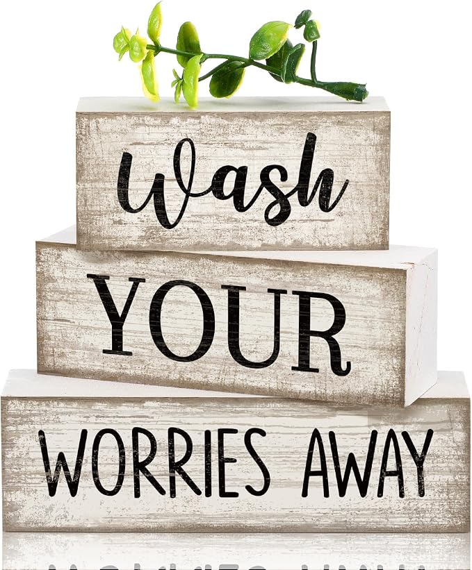 Moucuny 3 Pcs Laundry Room Decor Wood Block Signs Wash Your Worries Away