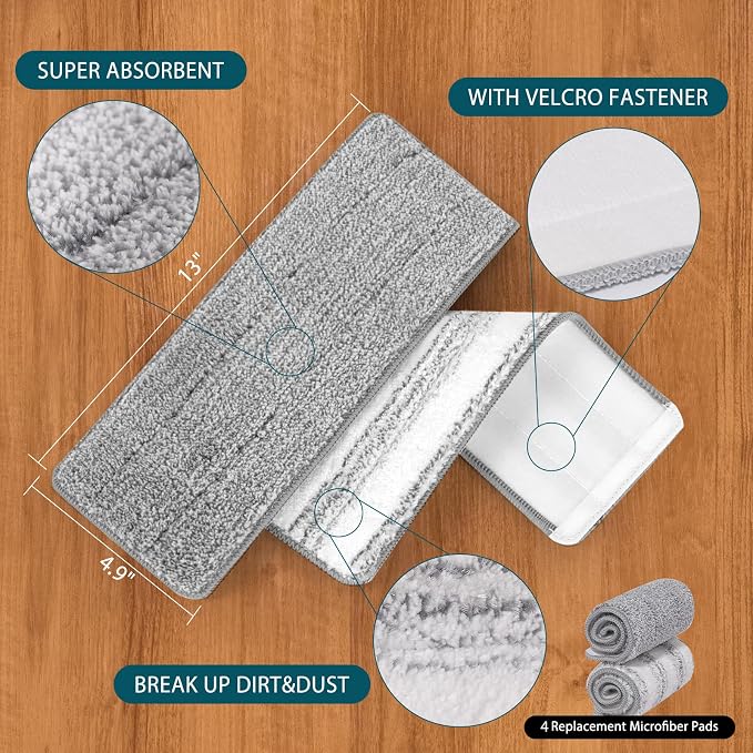 4 Pack Mop Replacement Pads Compatible with Joymoop Flat Mop | Reusable Microfiber Flat Mop Pads for Joy Mop, Washable Mop Head Replacement Fit for All 13" X 4.9" Squeeze Flat Floor Mop