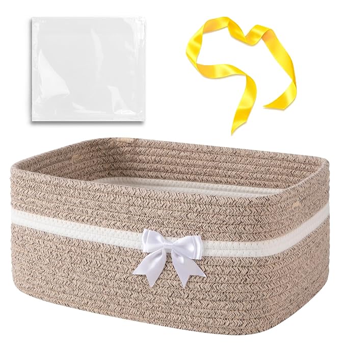 OIAHOMY Large Woven Storage Basket with Handles for Nursery Living Room Shelves, Bow Basket for Gifts Empty with Gift Bags and Ribbons for Baby Showers Pet Toy Bin - Brown & White
