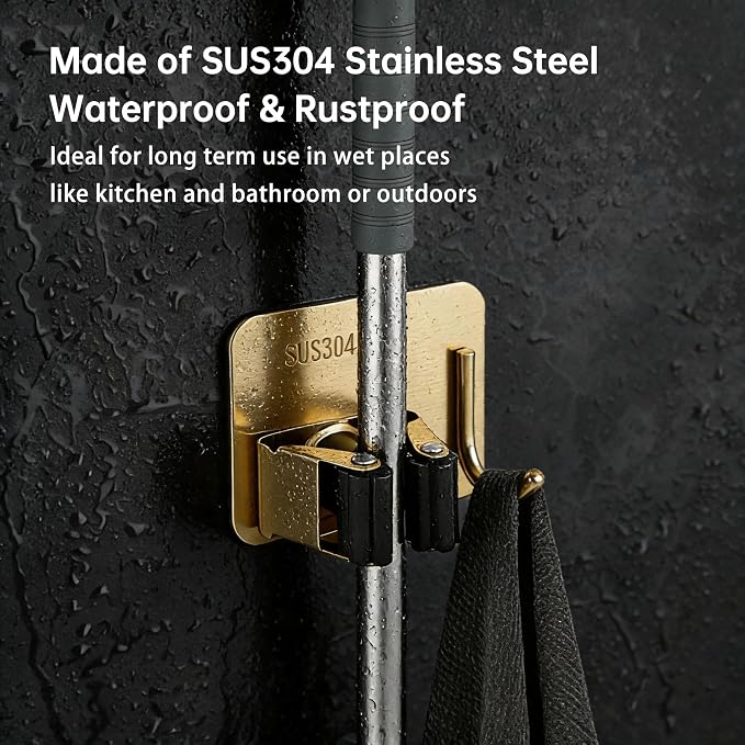 Mop and Broom Organizer Wall Hanging No Drill,Metal Utility Tool Hangers Wall Mountable,Garage Closet Organizer Heavy,Storage Rack Self Adhesive 2Pcs for Bathroom, Kitchen, Office,Laundry.Gold