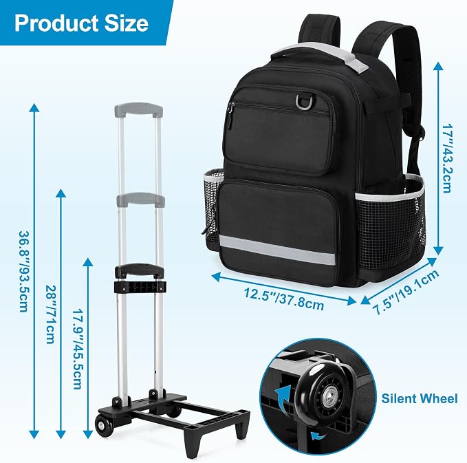 HODRANT Rolling Clean Backpack with Detachable Trolley & Waterproof Bottom | Large Cleaning Supplies Bag with Handle & Support Plate, Cleaner Caddy Organizer for Car Wash & Housekeeping Tool Storage