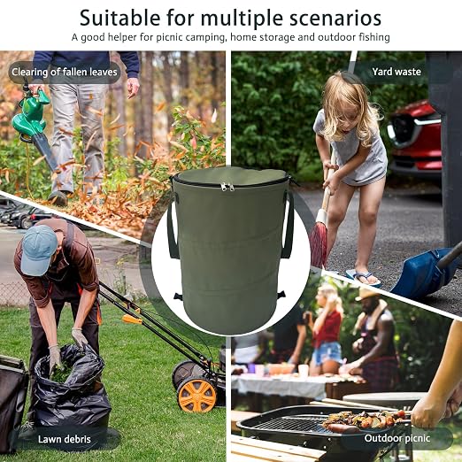 Pop up Camping Trash can,24 Gallon Collapsible Garden can with lid(Green) | Reusable Lawn and Leaf Bag with Sorting Clips,Heavy Duty 600D Oxford Fabric,Garden Garbage Yard Waste Bags for Outdoor Indoor