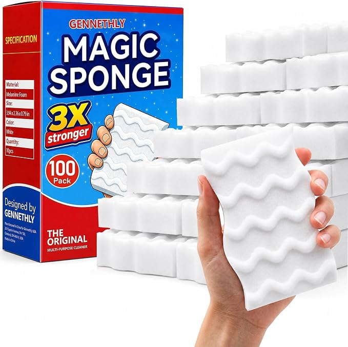 3X Density Magic Sponge Eraser, 100 Pack Cleaning Sponge for Kitchen & Bath | 3X density foam, Extra durable sponge, Ergonomic wavy grip, Deep cleaning power, Multi-surface cleaning, 100 pack value