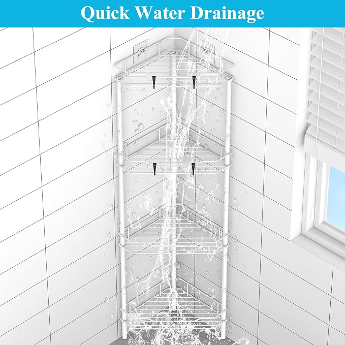 HuggieGems Metal Floor Standing Corner Shower Caddy, White, 4 Tier | Adhesive Bathroom Organizer Shelves, Free Standing Shower Rack with Hooks, Hold Large Shampoo Bottles