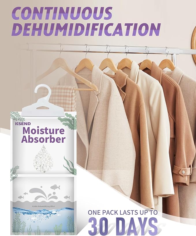 Ksend Moisture Absorbers 8 Packs - 9.8 oz Dehumidifier Bags, Portable Moisture Hanging Bags for Closet, Bathroom and Kitchen, Fragrance Free, 11.8'' x 6.3'' | Closet, Bathroom, Kitchen, Compact Hanging Bag, Odor Eliminator, Humidity Absorber, 9.8 OZ