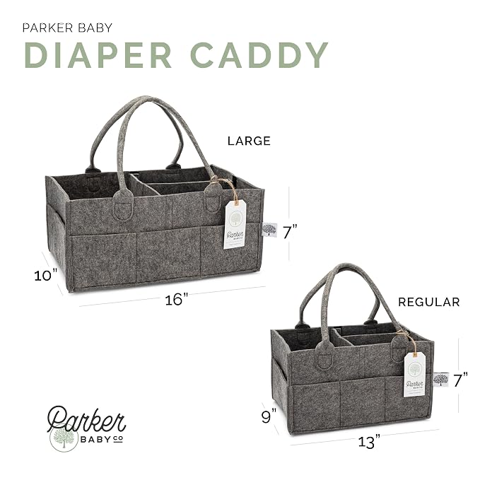 Parker Baby Co. Felt Diaper Caddy Organizer - Large, Charcoal | Portable nursery storage bin sorts diapers, wipes, bottles & baby essentials in home/car. Soft felt, foldable design 16x10x7"
