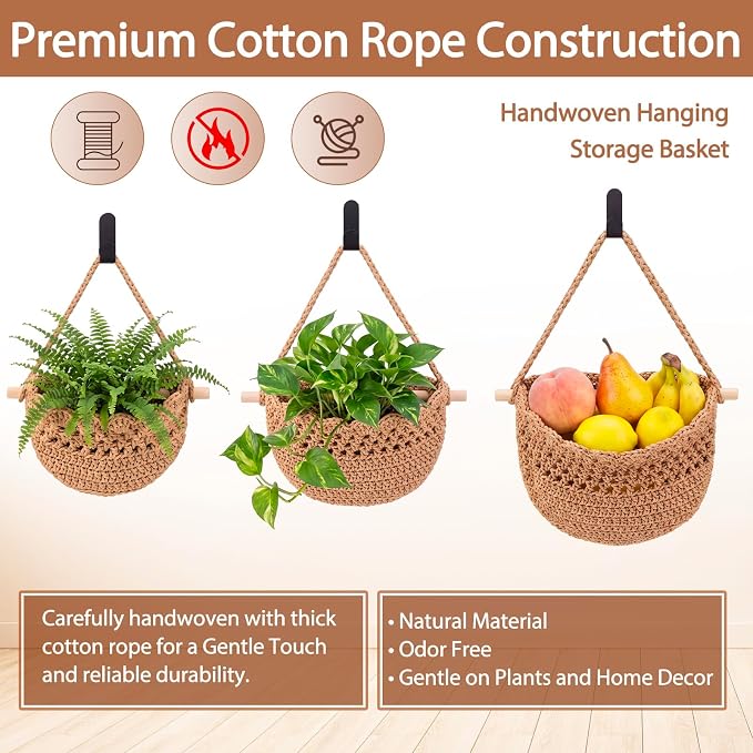 3 Hanging Baskets,Dark Brown,Lace,Cotton Rope | Wicker Wall Baskets with Hooks for Fruit Vegetable Onion Storage, Teardrop Organizer for Kitchen, Boho Farmhouse Decor