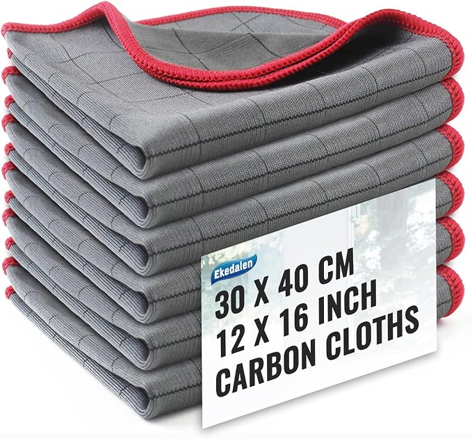 Microfiber Cleaning Cloth Lint Free Glass Polish, Red-Dark Grey | 400GSM Carbon Fiber Cloth for Glass Window Mirror Kitchen, Streak Free, Auto Detailing Easy Clean, 16 x12 in, 6 Pcak