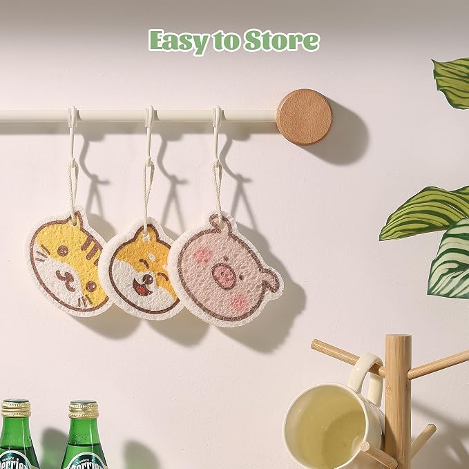 JOYMOOP Cartoon Kitchen Sponge, Non-Scratch Sponges for Dishes, Natural Cellulose Sponges for Cleaning, Reusable Sponge for Household Cleaning - 18 Pcs Mixed Pattern (Kitten, Doggy and Piggy)
