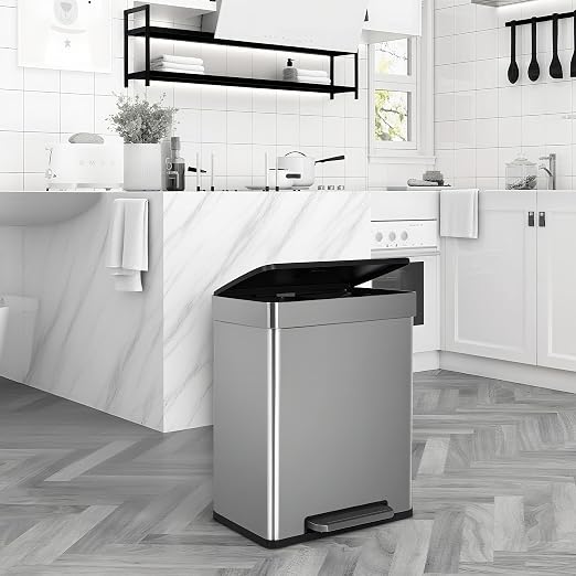 Kitchen Trash can Brushed Stainless Steel Dual Trash can 2 x 8 Gal Garbage Can Kitchen Step Trash Can with Soft-Close Lid Mute Designed Trash Bin for Office, Silver