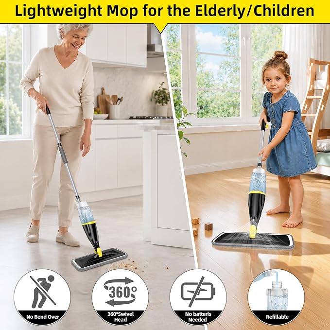 Spray Mops for Floors Cleaning: Hardwood Floor Mop Wet Dust Mop Refillable | Swivel Head Lightweight for Elderly, 3 Washable Pads for Swiffer PowerMop, Microfiber Flat Mop, for Tile Vinyl Multi-surface
