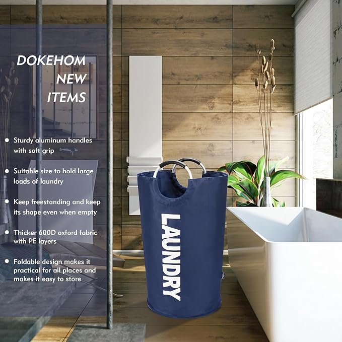 DOKEHOM 90L Large Laundry Basket Bag, Collapsible Tall Hamper, Dark Blue | Freestanding tall washing bin & foldable laundry bag. High-capacity clothes storage basket with durable sturdy handles