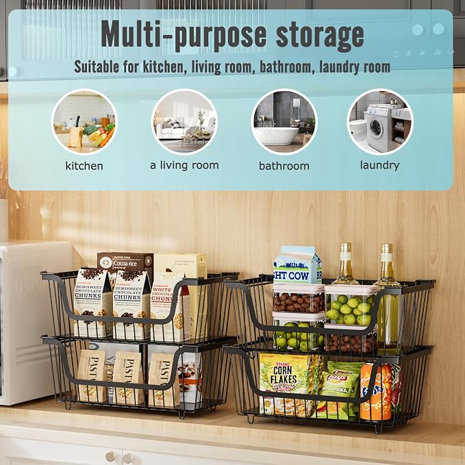 4 Pcs Stackable Wire Baskets Pantry Organizers and Storage Bins,Black | Breathable Metal Design with Rotating Handle,Idea for Potato Onion Fruit Snack Veggie Kitchen Countertop Freezer Organization