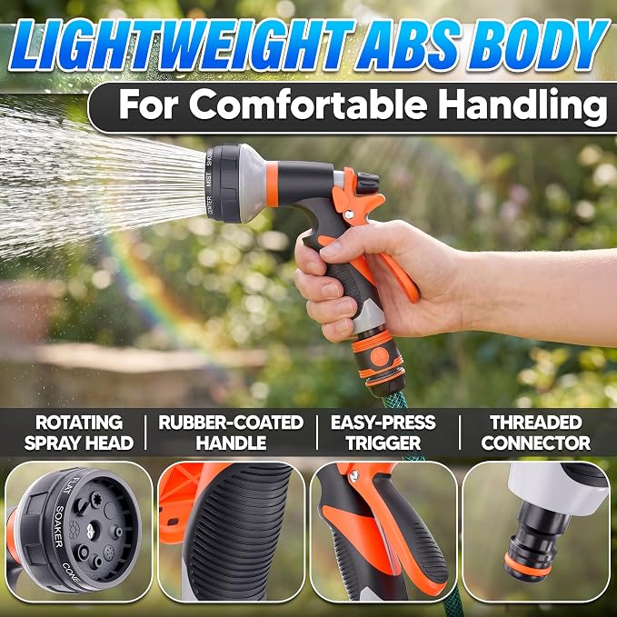 8 Pattern Garden Hose Nozzle Heavy Duty High Pressure Sprayer | Rubber-Grip ABS Water Hose Nozzle for Car Washing, Plant Watering, Deck Rinsing and Dog Bathing, Leak Proof Adjustable Flow