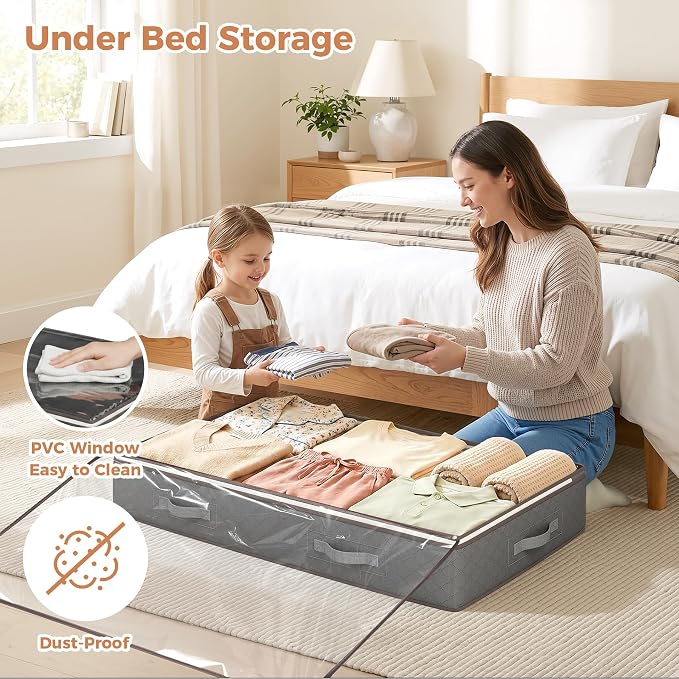 Budding Joy 95L Under Bed Storage Containers, 2 Pack Storage Bins, Grey | Underbed Storage Bags for Blankets, Towels, Comforter, Sweaters, Linen Sheets, Wrapping Paper