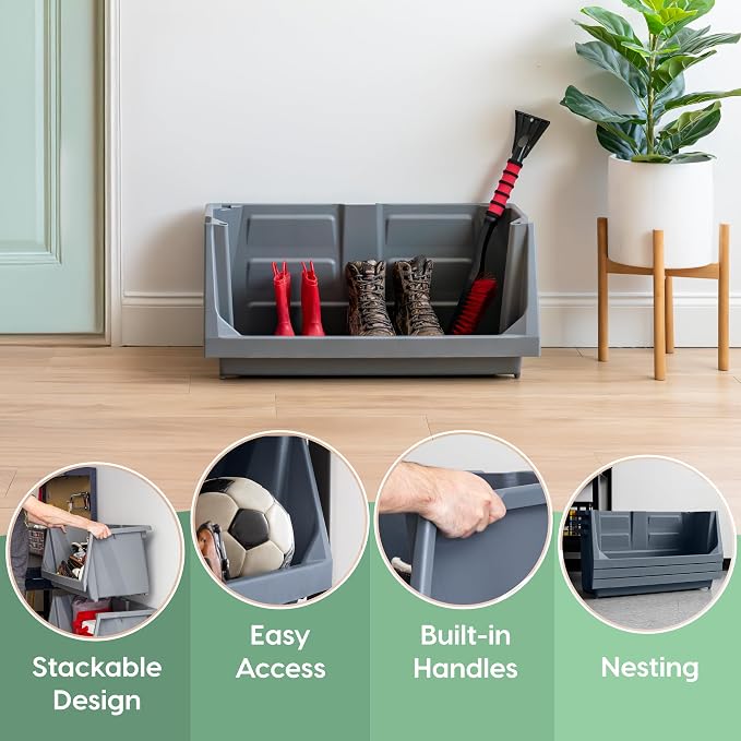 IRIS USA Jumbo Open Front Storage Bin, Gray | Organize tools, hardware, sporting goods, and household items with durable construction and space-saving vertical storage