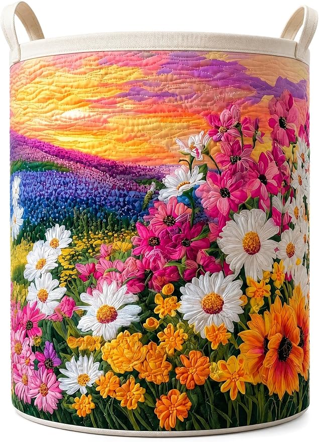 Quilted Laundry Basket with Handles, Boho Floral Quilted Storage Hamper, Large Capacity Laundry Hamper for Nursery Bedroom Laundry Room Home Decor (Pattern 01, Small (18"H x 14"W x 14"L))
