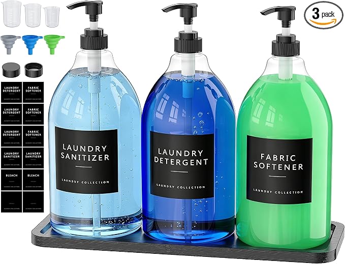 Moforoco 3 Pack Black Liquid Laundry Detergent Dispenser with Bamboo Tray, 64 Oz Plastic Laundry Soap Dispenser, Fabric Softener Dispenser with Pump and Labels for Laundry Room Decor and Organization