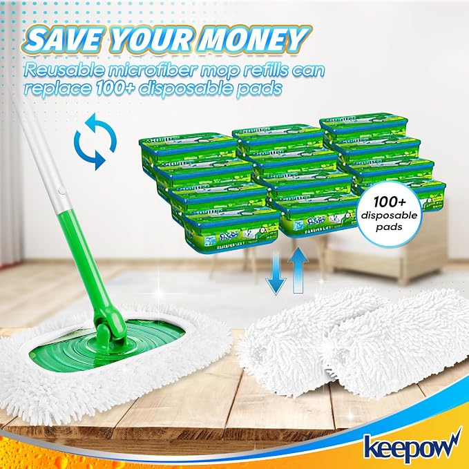 KEEPOW Reusable Microfiber Mop Pads Compatible with Swiffer Sweeper, 4 Pack | Dry Sweeping Cloths Microfiber Wet Mop Pads, Mop Replacement Sweeping Mopping pad Refills for Hardwood Surface Floor Cleaning