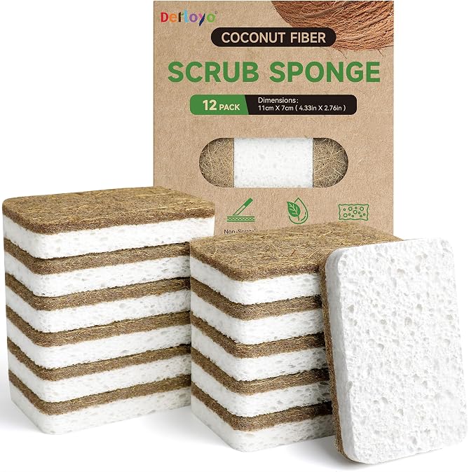 Natural Kitchen Sponges-12 Pack, Cellulose & Coconut Scrubber Dish Sponges | Biodegradable, Non-Scratch Cleaning, Plant-based, Compostable, Eco-Friendly, Sponges for Dishes, Pans, Pots