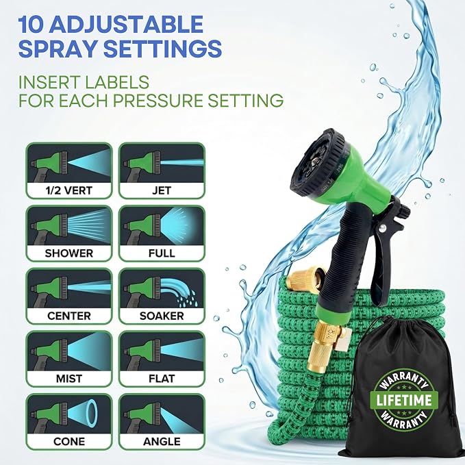 J&B XpandaHose 100ft Expandable Garden Hose, Lightweight, Brass Connectors | Ultra Strong 3750D fabric, 4-layer latex core, expands 3X, kink & leak-resistant, 10-pattern nozzle, storage bag
