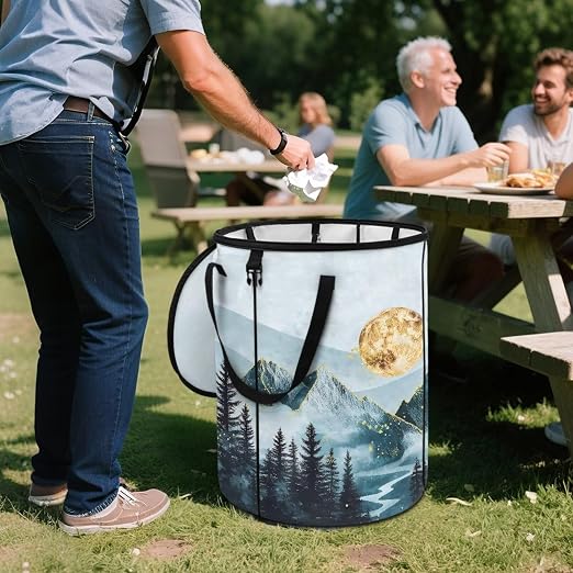 Natural Scenery Outdoor Garbage Can with Lid Fashion Car Trash Can for Back Seat Floral Waterproof Foldable Trash Cans for Camping Bedroom Decoration