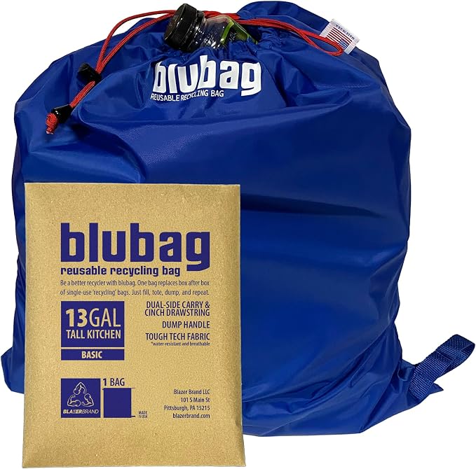 blubag Reusable Recycling Bag, 13-Gal Tall Kitchen, basic edition – Paracord Drawstring, Cinch Hardware, Dump Handle, 1-Pack