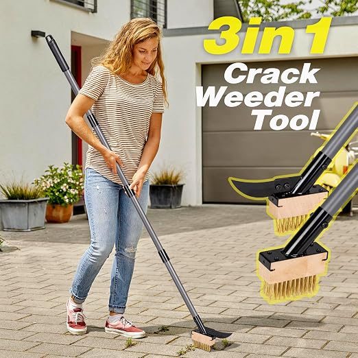 Walensee 66.5in Adjustable 3-in-1 Crack Weeder & Moss Remover Brush Tool | Adjustable Long Handle, 2 Replaceable Brush Heads & Scraper, Cleans Deck Patio Walkway Crevices, Efficient Moss & Weed Puller